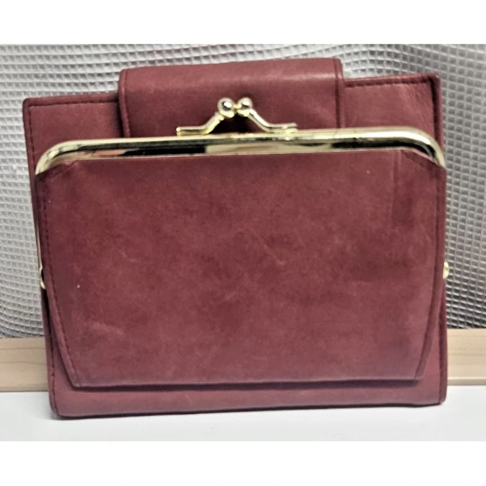 Vtg Buxton burgundy cowhide leather kiss lock cardex wallet
